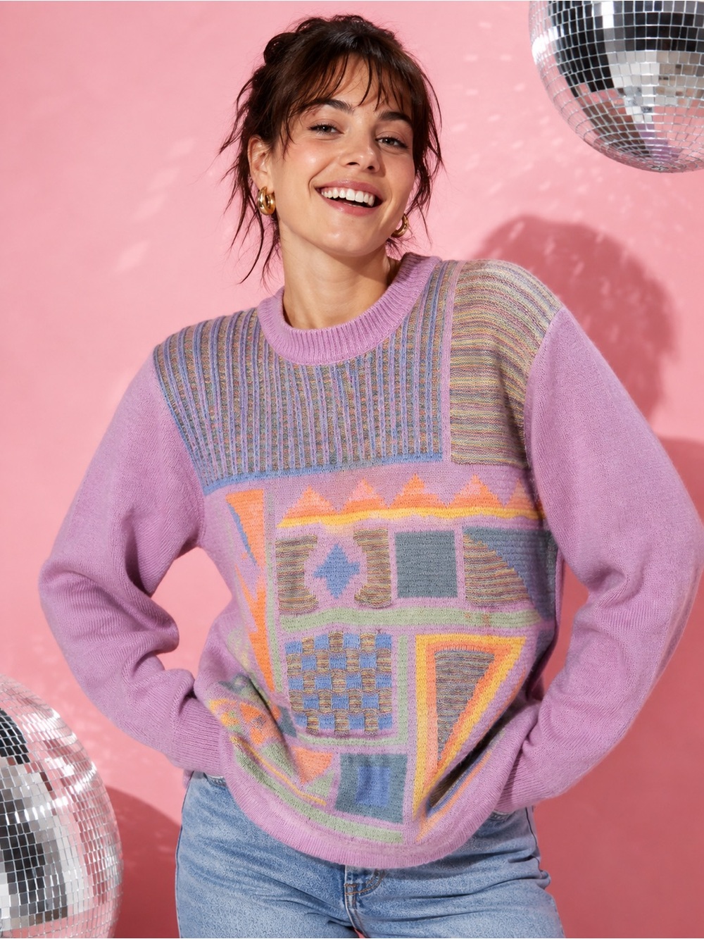Vintage 90s Wool Sweater M Pastel Purple Geometric Abstract Art Knit Japan Retro